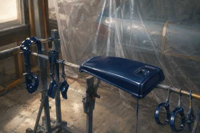 blue-painted-interior-trim-parts-drying