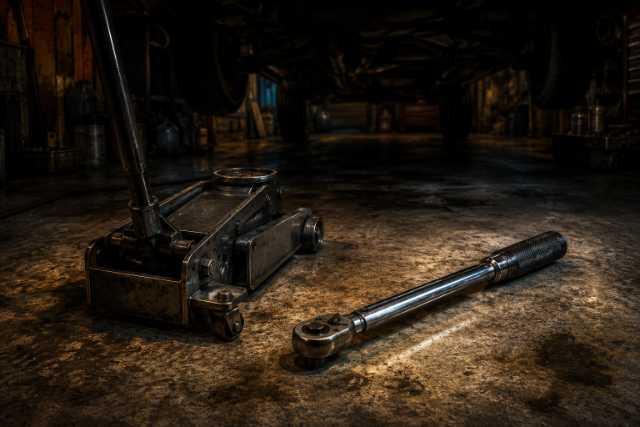 hydraulic-floor-jack-torque-wrench-under-car